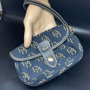 Vintage Dooney & Bourke Black & Gold Monogram Blue Duck Charm Fabric Wristlet